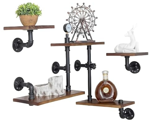 SanBouSi 5 Ebenen Industrial Schweberegal Massivholz Regale für Wände, Vintage Hängeregal Bücherregal Rohr Regale Metallrahmen Wandregale Wohnzimmer