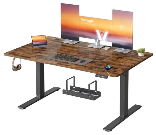VASAGLE Bureau Électrique Réglable en Hauteur, 140 x 80 cm, avec Port USB-C, Support pour Multiprise, Rappel de Sédentarité, Fonction Mémoire 3 Hauteurs, Télétravail, Marron Rustique LSD144KD02