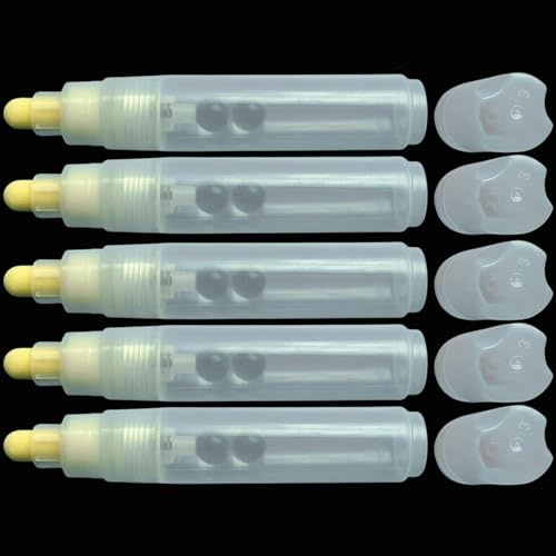 runrayay Lot de 5 stylos à peinture rechargeables, marqueurs acryliques vides transparents de 10 mm, à tête ronde, stylo de retouche blanc rechargeable pour peinture sur pierre, graffiti