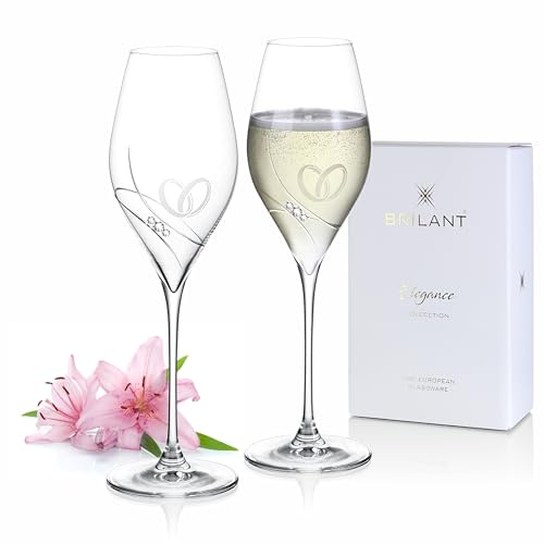 Brilant Gala Swan Prosecco Gläser, Kristall Sektgläser, 2er-Set, 320 ml EU | Moderne bleifreie Sektgläser mit gravierten Ringen aus Kristall, EU-handgefertigt – ideales Hochzeitsgeschenk fürs Brautpaar.