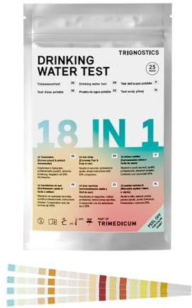 TRIGNOSTICS Wassertester Trinkwasser - 25 Teststreifen - 18in1 Trinkwassertester | Wasseranalyse - 18 Parameter für Leitungswasser, Pool & Aquarium mit Härte, Blei, Eisen, Kupfer | pH Teststreifen