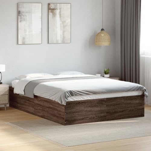 Kaloriko Sängram brun ekutseende 135 x 190 cm, modern plattformssäng av trämaterial med ribbotten, sovrumsmöbler för vuxna, stabil konstruktion