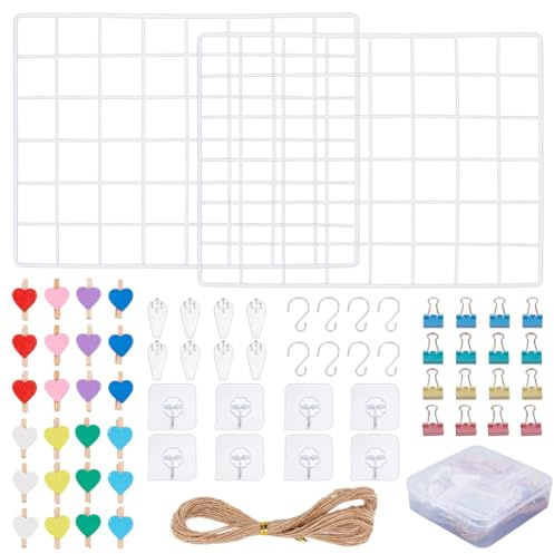 OLYCRAFT 2 Pack Grid Wall Panels 15.7 x 11.8 Inch Metal White Wire Grid Panel with 24 Hooks 55 Clips 5m Rope Wire Mesh Wall Panel Photo Gridwall Display for DIY Home Decor Photo Memo Display