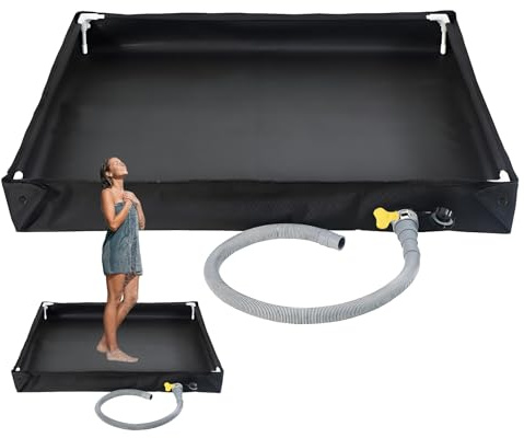 UOAESR Portable Shower Tray for Camping, 80x80x10cm Folding Shower Base with Drain, Waterproof PVC Camping Shower Mat with 1M Drain Hose, Collapsible Outdoor Shower Tray for Camping RV Travel (black)