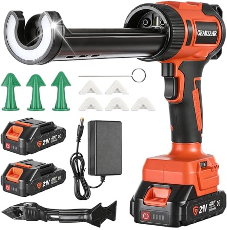 Cordless Caulking Gun with 2 x 2.0Ah Battery, Electric Silicone Sealant Gun with 6-Speed & LED Light, Anti-Drip, 10pcs Tool Kit for 300ml Cartridges, Home Sealing, Filling, Installation