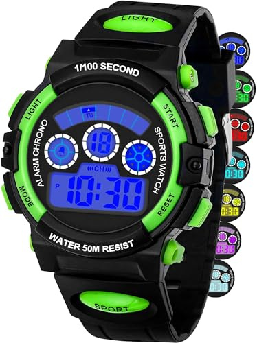 DTKID Orologio Digitale Bambini Ragazzi, 7 Colori LED, Orologio per Bambini con Sveglia, Cronometro, Data, 5ATM Impermeabile Orologio Sportivo per Adolescenti, Classico