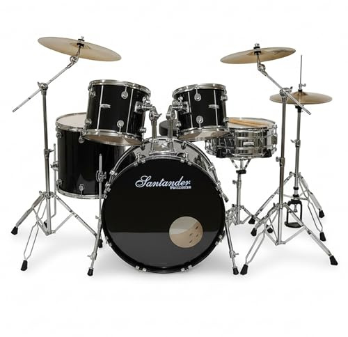 Santander Schlagzeug Set 9-teilig schwarz – Musik-Lern-Instrumentenset für Anfänger, Jugendliche & Schüler – mit Becken, Ständer, Hocker, Snaredrum, Bassdrum, Toms - in Hochglanz schwarz