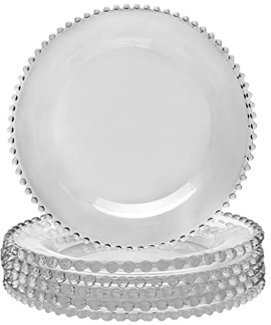 Set of 6 Glass Dinner Plates Beaded Glass Tableware - D26.5cm (N315) | Dinner Plate, Hand Wash Only, Bella Perle, Beaded Glass, Vintage Style, Glass Crockery, Tableware