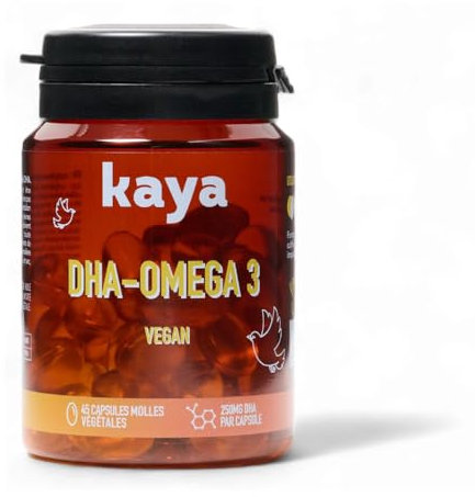 Kaya Complément Alimentaire DHA-Oméga 3 Végane - Cure 45 Capsules Molles - Santé du Cœur, du cerveau et des yeux - Sans Métaux Lourds - Sans Odeur - Convient à Tous
