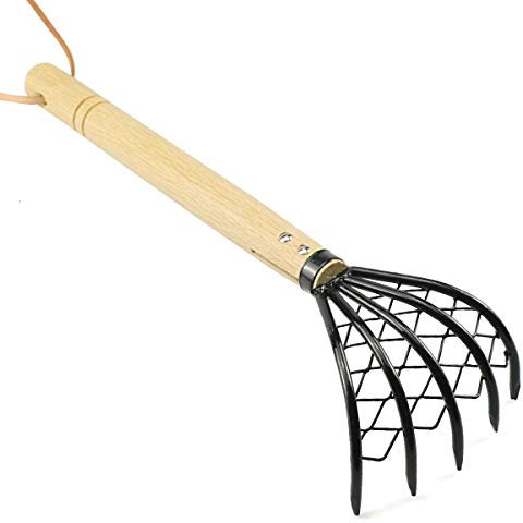 Râteau à griffes avec filet en maille, râteau à main japonais de 38,1 cm, griffes à 5 dents Ninja en acier, pelle à palourdes à long manche, accessoires de fruits de mer avec corde plate en cuir de