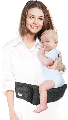 YIYUNBEBE Babytrage Neugeborene bis Kleinkind Babytrage mit Hüftsitz Säugling Babyhalter Rucksack Babytrage vorne und hinten zum Tragen und Wandern (grau mit Lätzchen)