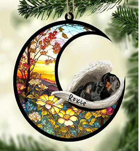 Personalized Dachshund(Black and tan) Dog Memorial Suncatcher, Dachshund(Black and tan) Christmas Ornament with Name, Pet Loss Catcher, Gifts for Loss of Dog, Dachshund(Black and tan) Sleep on Haven