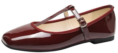 ANUFER Mujeres Zapatos Planos Mary Jane Hebilla Correa en T Bailarinas SD5A1208 Borgoña EU38.5