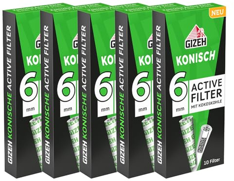 Smokerhontas GIZEH Aktivkohlefilter Cone Ø 6mm 10 Stück pro Packung - Konische Aktivkohle Filter Tips mit Keramikkappen und Kokosnusskohle (5 Packungen), AKF-GIZ-02