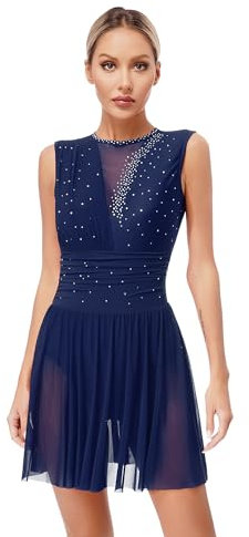 Sxiwei Damen Glitzer Tanzkleid Eiskunstlauf Kleider Ärmellose Ballet Trikot Mit Strass Ballettanzug Wettbewerb Performance Bekleidung Navy blau S
