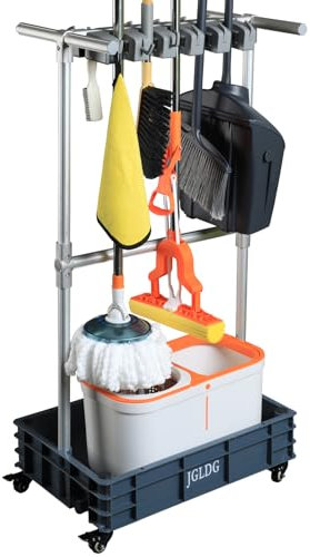 JGLDG Mobile Mop and Broom Holder，Efficient Storage Solution for Cleaning Tools Keep Your Tools Handy and Organized