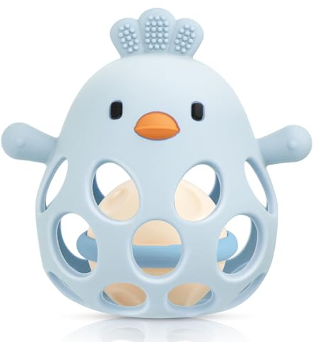 HOTUT Baby skallror bitleksaker för bebis, silikon babyskallra leksak, babysensoriska tänder, leksak för barn, pojkar och flickor tandavlastande tuggleksaker, för 3, 6, 9, 12 månader, blå
