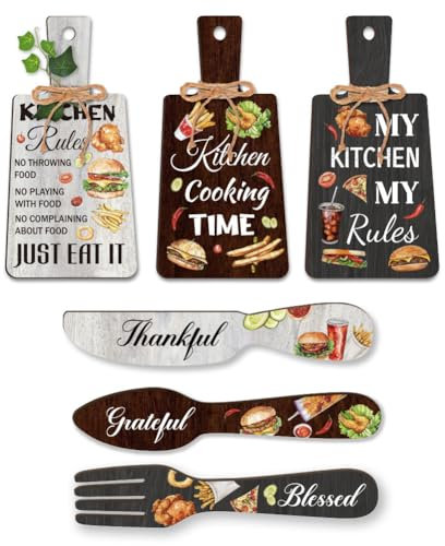 PH PandaHall 6pcs Fast Food Wall Hanging Art Cutting Board Eat Sign Set Wood Kitchen Signs Wall Decor, French Fries Hamburger Pizza Fork and Spoon Wall Decor for Kitchen and Home Decoration