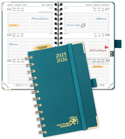 POPRUN Taschenkalender 2025 2026 Klein Ringbuch mit Hardcover, ca. A6 (16 x 10,5 cm) - Kalender 2025 2026 Klein (Aug.2025-Dez.2026) - Wochenplaner mit Vergoldete Schutzecken - Pazifikgrün