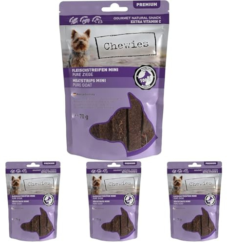 Chewies Fleischstreifen Mini aus 100% Ziege - 70 g - Fleischstreifen für Hunde - getrocknete Ziegenfleisch Kaustreifen - hypoallergen & getreidefrei - Dörrfleisch von der Ziege (Packung mit 4)