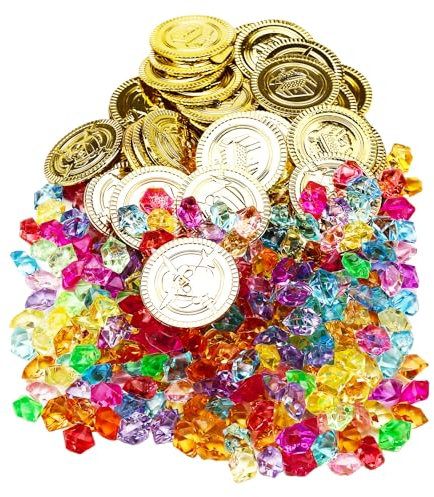 Nurila 240 Stk Piratenschatz Edelsteine für Kinder mit 50 Stk Goldmünzen Schatztruhe Kindergeburtsta, Goldmünzen Piratenschatzpiratenschatz,Piratenparty Mitgebsel,Schatzsuche Kindergeburtstag