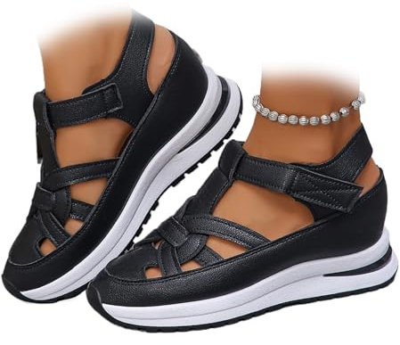 ZPLMIDE Sandalias de cuña de plataforma transpirables para mujer, sandalias de puntera cerrada, sandalias de verano para pescador, zapatos de cuña, Black, 38 EU