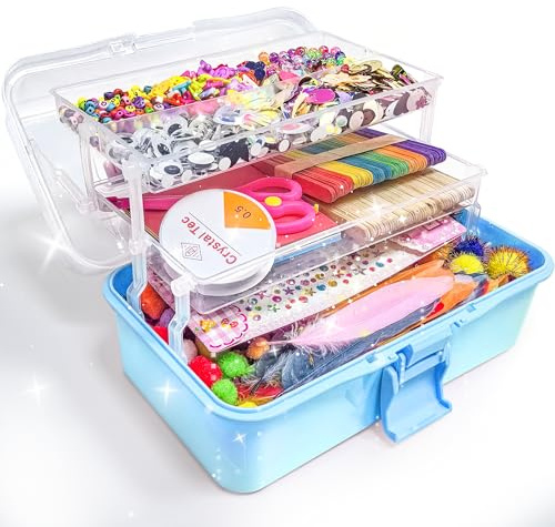 LINAYE Kit Lavoretti Creativi per Bambini 3000+ Pezzi con Scatola di Archiviazione - Include Pompon, Scovolini, Carte Decorative, Materiale per Scrapbooking - Regalo per Bambini 4-10 Anni (blu)