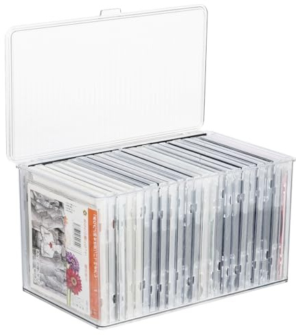 Rainmae CD Storage Box Clear Plastic CD Organizer DVD Storage Box with Lid -Hold up to 26 CDs, DVDs Cases Storage Container Shelf Organizer Bin for DVDs,Video Games, Blu-ray, Books, Home, Office