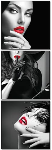 BERLIG Glasbilder Set 3er 30x30 cm Sicherheitsglas – Moderne Wandbilder für Wohnzimmer & Schlafzimmer – Femme Rouge Schwarz Weiß mit Rot – inkl. Geschenkbox