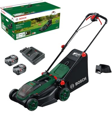 Bosch cortacésped a batería ROTAK18V2-38 (anchura de corte: 38 cm, altura de corte: 30-75 mm, cesto de tela de 40 l, tapón para triturado, incluye 2 baterías de 18V y cargador)