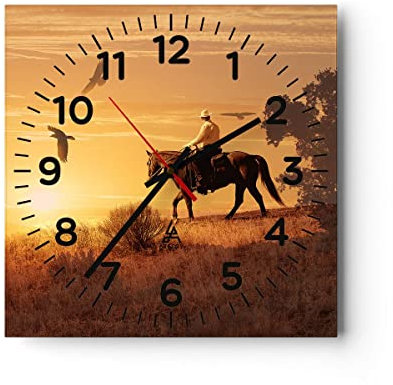 Modern Wanduhr Pferd Cowboy Bauernhof Reiten 40x40cm Quadrat Groß Wand Uhr Glas Analog Zimmeruhren Küche Büro Wohnzimmer Glasuhr Wall Clock Dekoration Design Wanddekoration Küchenuhr C4AC40x40-2955