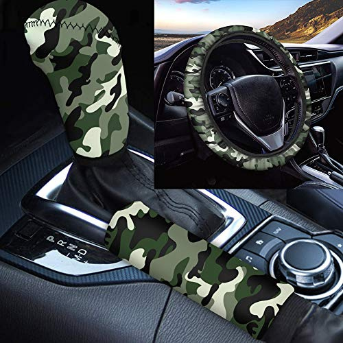 TOADDMOS 3-teiliges Set klassische Armeegrün Camo Print weiche Lenkradbezüge Handbremsabdeckung Schalthebelabdeckung rutschfeste Universal Auto Dekoration