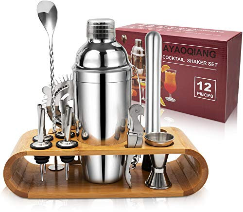 Set Cocktail 12 Pezzi, Kit da Barman in Acciaio Inox, Cocktail Shaker Set, 750ml Shaker con Accessori, Cocktail Set con di Legno Supporto, per Casa E Bar