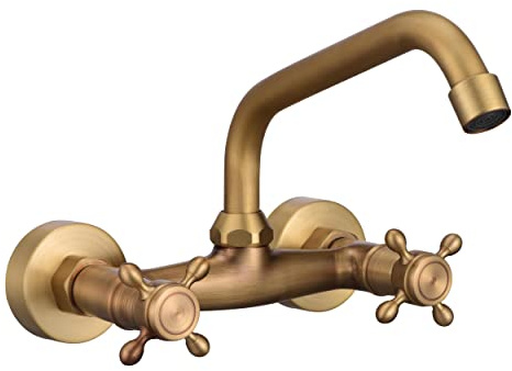 HomeLava 360° Drehbar Küchenarmatur Wandmontage Zwei Griff Spültischarmatur Aus Messing Waschtischarmatur Mischbatterie Wasserhahn mit Zweigriff Bronze