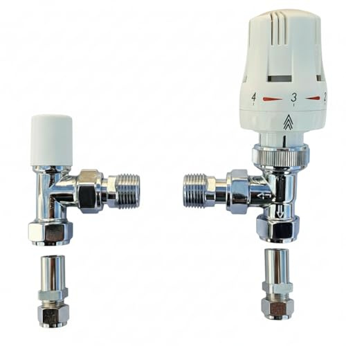 White Angled TRV Thermostatic Radiator Valve Towel Rail Valve 1/2 / 10mm | 15mm to 10mm, Designer, TRV + Lock shield Set, Central Heating