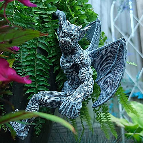 LIUSHI Gris Statues de Gargouille Rétro en Résine à Suspendre pour Décoration Intérieure ou Extérieure, Clôture de Jardin Décoratif 20×20×15cm