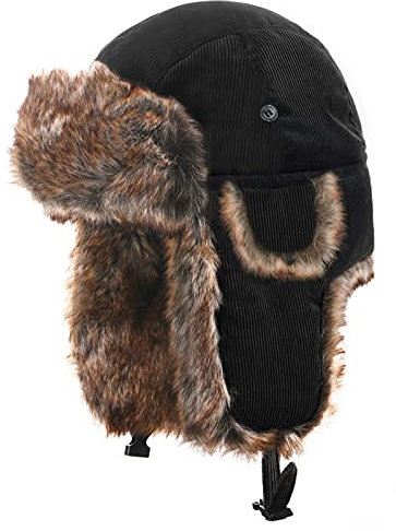 Heavyoff Unisex Fliegermütze Kunstfell Wintermütze mit Ohrenklappen Warme Cord Fellmütze Schwarz XXL