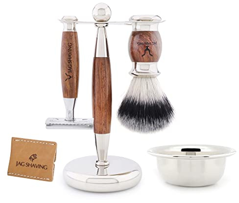 Jag Shaving Rasierset - JAG's LEE Range 5-teiliges Rasierset - Synthetik Silberspitzhaar Rasierpinsel - doppelkante Rasierhobel - Rasierständer - Ledertasche für Rasierhobel - Rasierschale - Holz Set