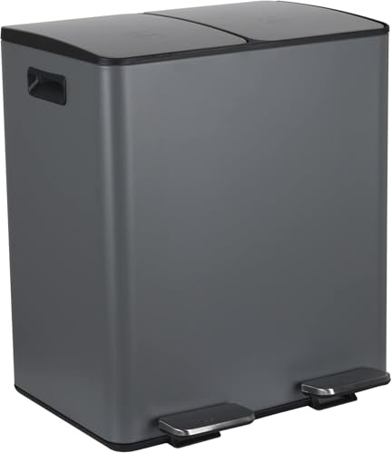 Spirella – 40 l (2 x 20 l) Küchenabfalleimer mit Pedalantrieb – Modell Aliya – Gebürsteter Edelstahl – Deckel mit Soft-Close-Funktion – Herausnehmbare Eimer – Seitliche Griffe – Mattgrau