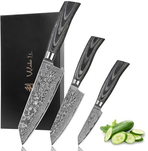 Wakoli EDIB Pro Black Kiritsuke Damastmesser-Set | 3-teilig, 9–17 cm aus 67 Lagen Damaststahl mit VG10-Kern | ergonomischer Pakkaholzgriff | für Fleisch & Gemüse | in Holzbox für Profi- & Hobbyköche