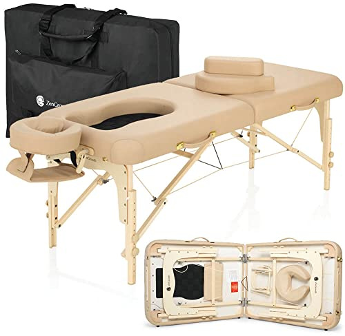 ZenGrowth® Ipanema Schwangerschafts-Massageliege Klappbar Beige – mit Brust- und Bauchöffnung – höhenverstellbar (60–86 cm), 71 cm breit – Buchenholz bis 230 kg – 7,6 cm Matratze – inkl. Tragetasche