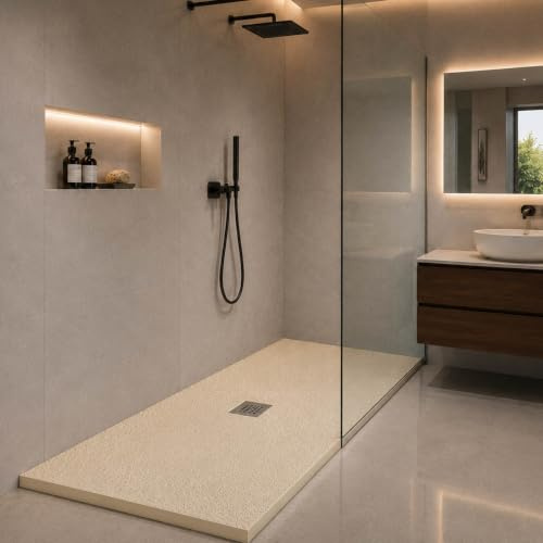 Yellowshop - Piatto doccia rettangolare marmoresina base 80 cm h 2,5 cm HEAVY Sabbia con sifone, piletta e copripiletta inox (Cm 80x120)