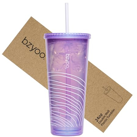 bzyoo SIP 710 ml (24 oz) dubbelvägg plast tumlare med lock och sugrör kall dryck resemugg återanvändbar is kaffe te kopp perfekt för kontor pool fester gåvor färg: pärla lila
