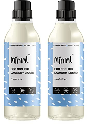 Miniml Eco Laundry Liquid Washing Detergent 2 x 1L - Natural Non Bio Fresh Linen Scented Clothes and Fabric Softener for Machine or Delicate Hand Cleaning - 100% Vegan & Cruelty Free (66 Washes)