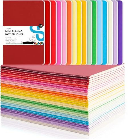 Koogel 32 Stück Kleine Blanko Notizbücher, Notizbuch Journal Tagebuch Notizblöcke Schulhefte 14cm x 9cm Notizbücher mit Kraftpapier-Einband 16 Farben