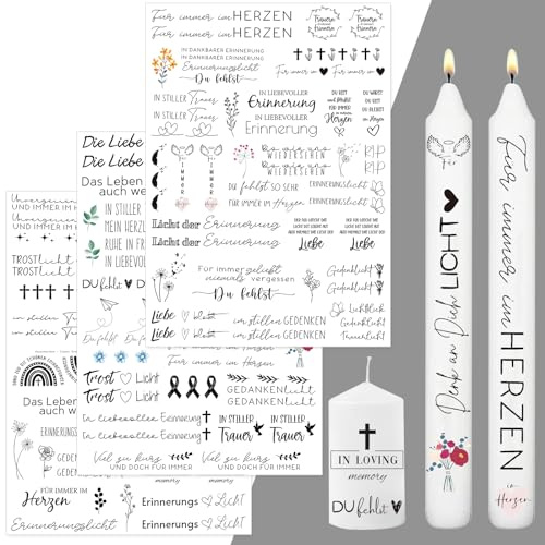 3 Stück DIN A4 Trauer Kerzentattoos, Kerzenfolie | verschiedene Motive, Kerzensticker, Wasserschiebefolie, Erinnerung, Gedenklicht, Kondulenz Trauer Deko, Kerzen/Keramik