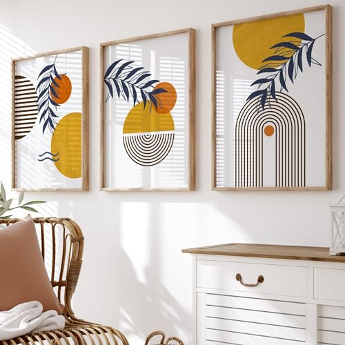 Mid Century Wall Art Set | Set of 3 Prints | Yellow Orange Wall Art | Boho Home Decor | UNFRAMED | A3, A4 (A4)