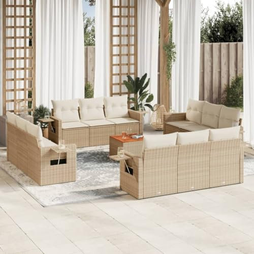 Rantry 13-TLG. Garten Sofagarnitur mit Kissen Gartensofa mit Stauraum Gartenlounge Balkonmöbel Gartenmöbel Loungesofa Sitzgruppe Rattansofa mit Gartentisch Ecksofa Gartenset Beige Poly Rattan