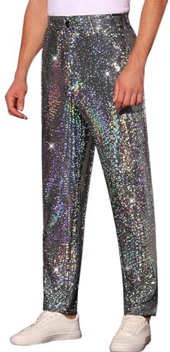 Hose mit 13 Pailletten für Herren, Party, glänzend, glitzernd, gerades Bein, Schaumstoffhaus, silber, S