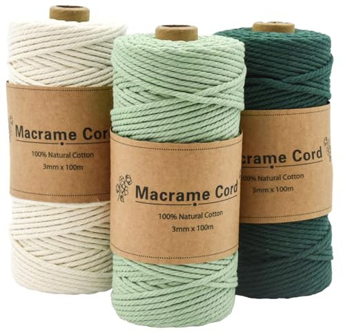 Coriver 3 Stück Makramee Garn, 3mm x 100m Macrame Cord, Makramee Schnur Grün, Makrameegarn Kordel, Makrameegarn Starter Set für DIY Handwerk Weben Dekoration Hängepflanze Pflanze Aufhänger